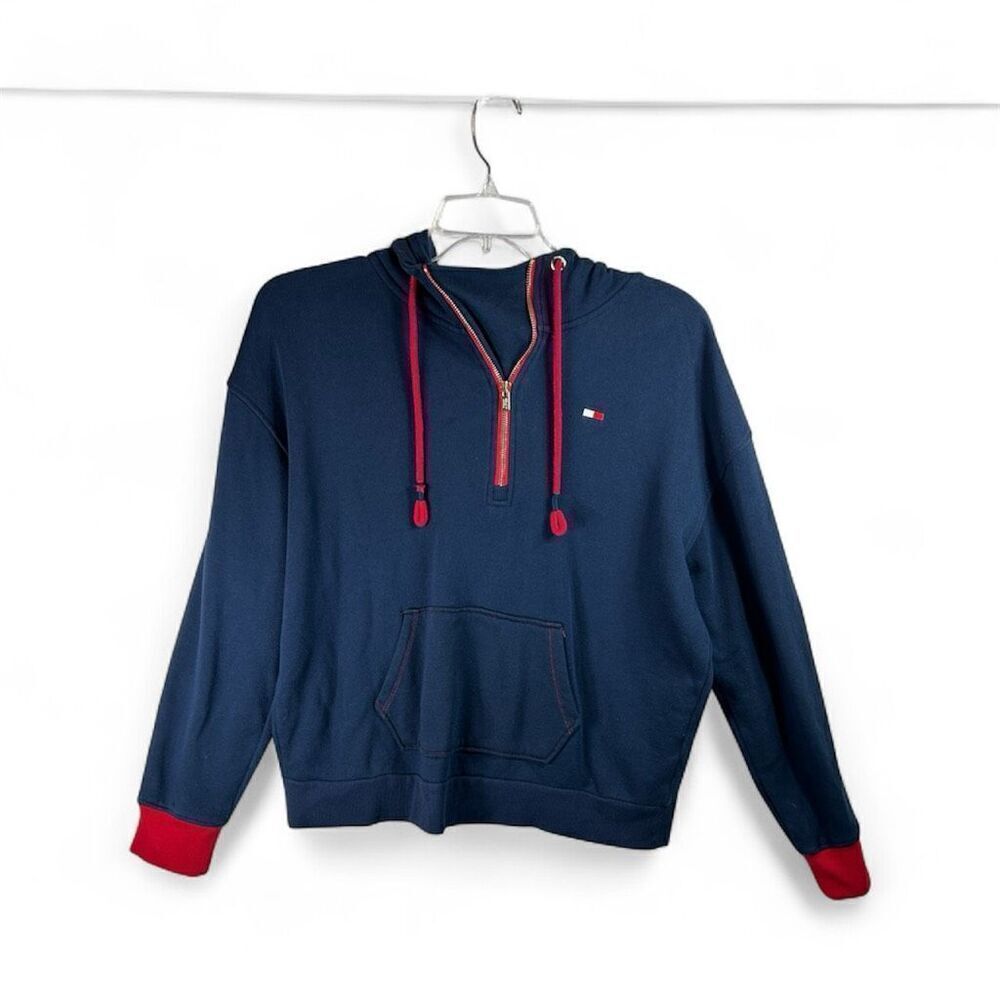 Tommy Hilfiger Sport Women’s Navy Red Quarter Zip Hoodie Sweatshirt XL Logo